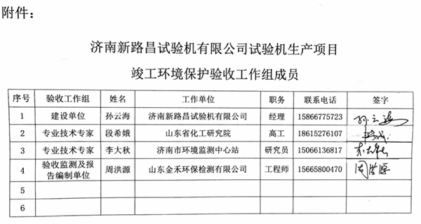 济南新路昌试验机有限公司试验机生产项目竣工环境保护验收工作组成员